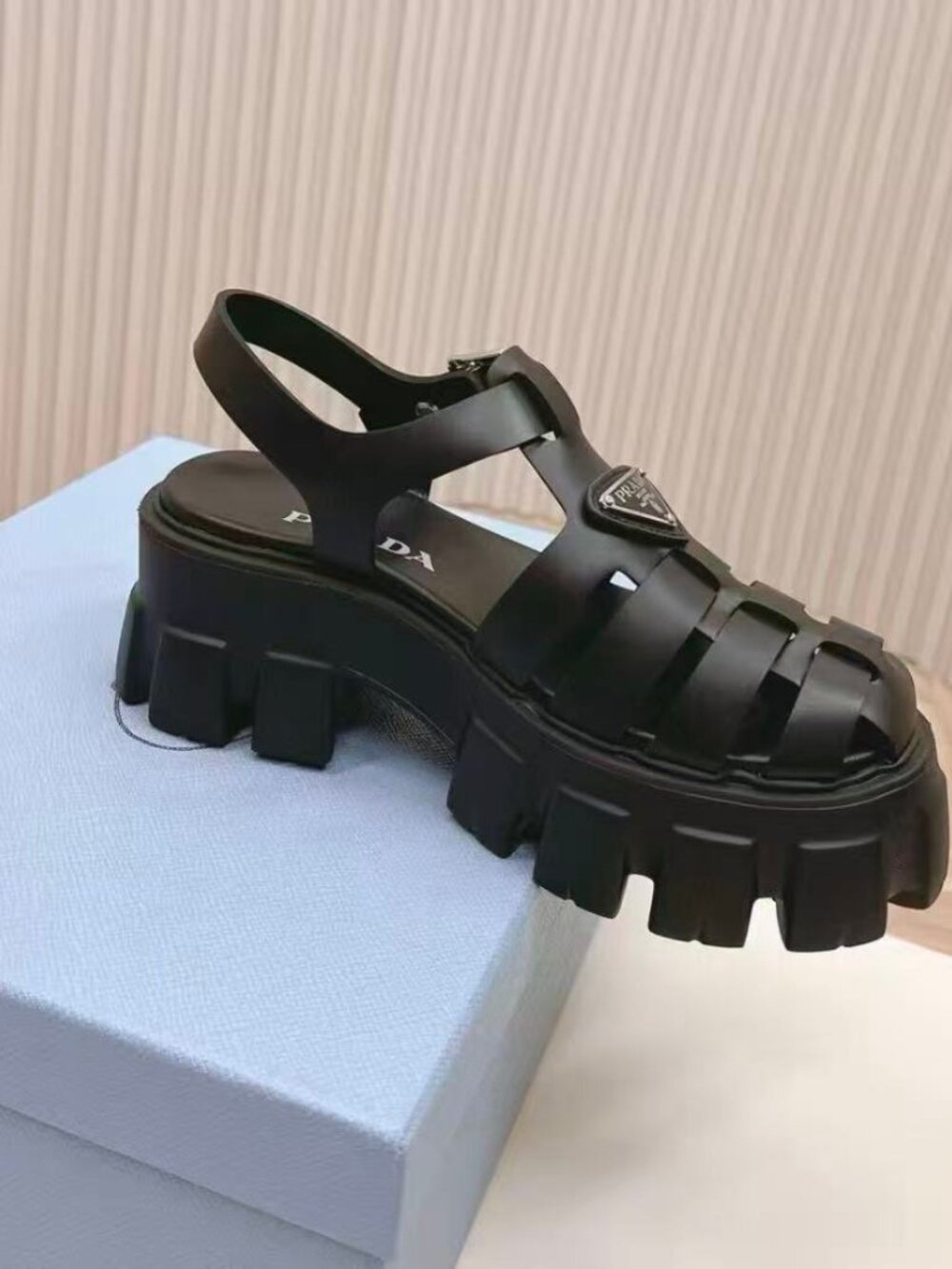Prada Black Woven Cage Lug Platform Fisherman Sandals Triangle Logo - Picture 4 of 6